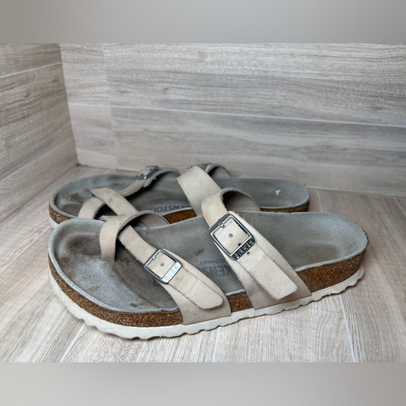 Birkenstock Mayari Size 37 Women’s Nubuck Cream Sandals White Sole Regular Width - Picture 3 of 12